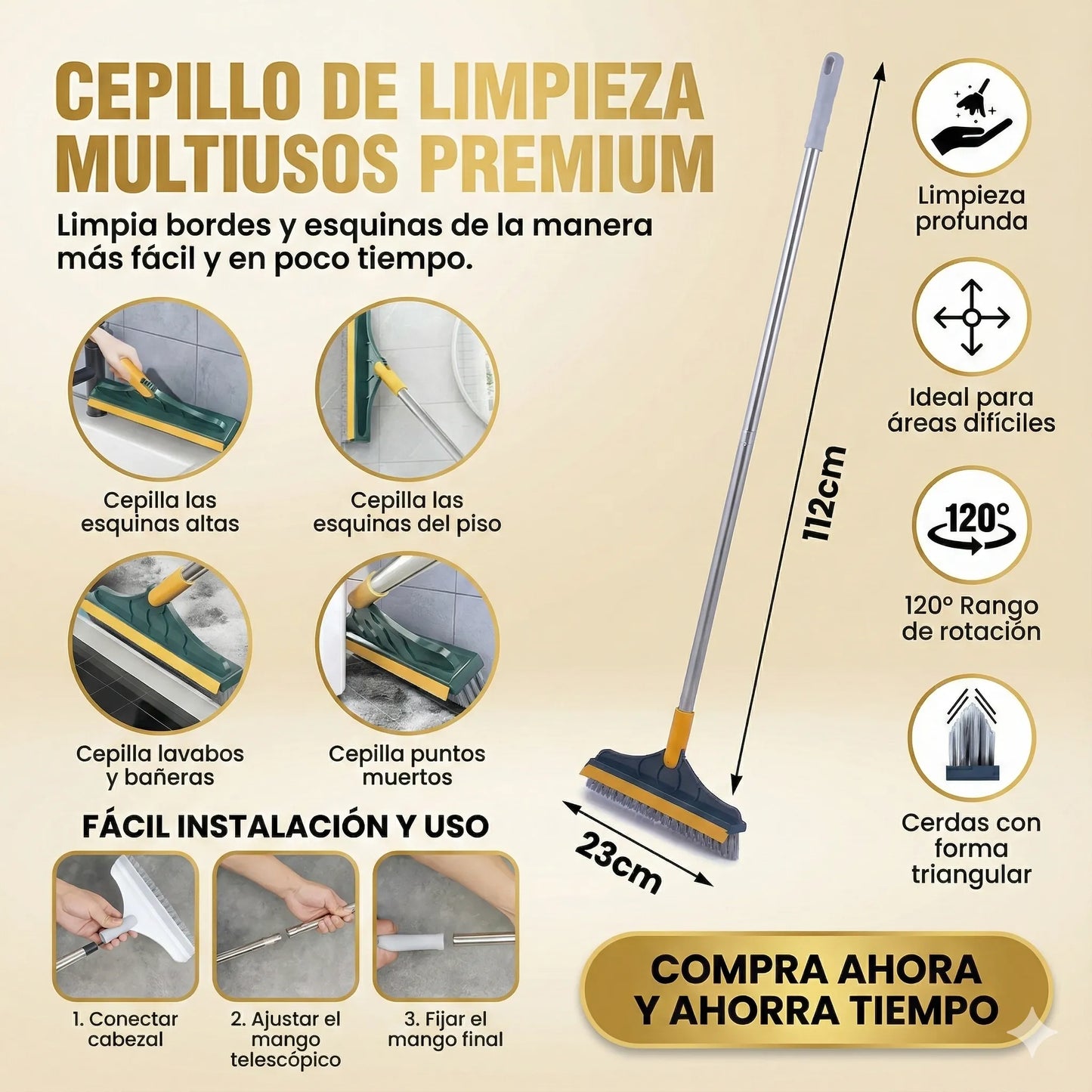 Limpieza profunda en rincones y juntas difíciles — Escoba Clean360™ 3 en 1.